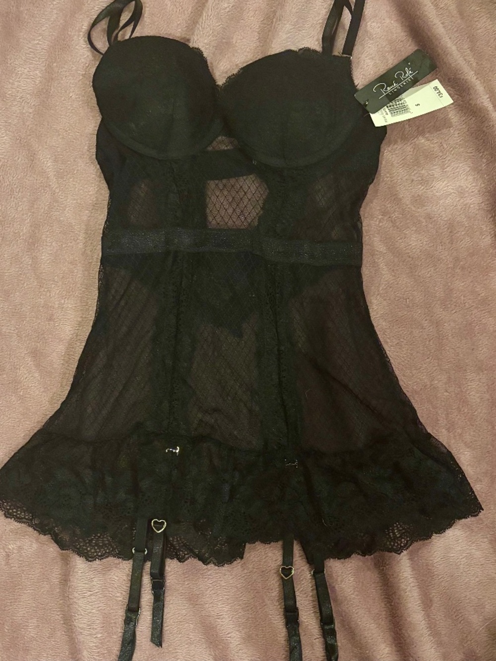 Rene rofe black camisole garter lingerie sheer heart straps Y2K 00s babydoll